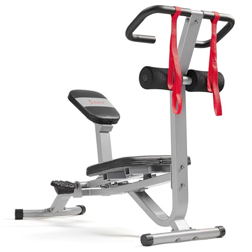 Sunny Health & Fitness Full Body Stretch Machine for Home Gym, Back Stretcher & Flexibility Trainer with Pivoting Seat, Foam Rollers, Safety Straps, Handlebar & SunnyFit App - color: Gray
