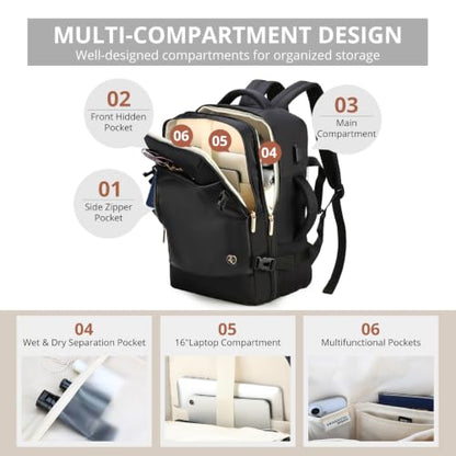 Swissdigital Design Travel Laptop Backpack for Women, 36l Carry On Backpack with USB Charging Port, RFID Protection & Wet-Dry Separation, TSA Friendly Fits 16 Inch Laptop, Black | SD1749-01 - color: Black