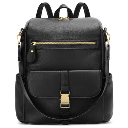 KKXIU Backpack Purse for Women - Multi-pocket Leather backpack for Travel, Work & School with Anti-Theft Lock Pocket, Luggage Strap & Water Bottle Pockets - 13x14x5.2 Inch, 1.67lb (Black) - color: Black