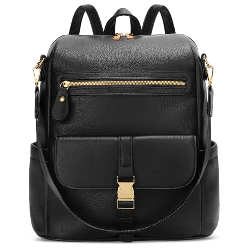 KKXIU Backpack Purse for Women - Multi-pocket Leather backpack for Travel, Work & School with Anti-Theft Lock Pocket, Luggage Strap & Water Bottle Pockets - 13x14x5.2 Inch, 1.67lb (Black) - color: Black