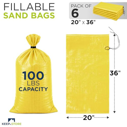 Heavy Duty Sand Bags Pack of 6, Bright Yellow Empty Sandbags with Built-In Ties, Woven Polypropylene UV Protection 1600 Hours, Fillable Bags for Flood Control, Weight, 20x36 inches, 100 Pounds Volume - size: 20"W x 36"L, style: Pack of 6