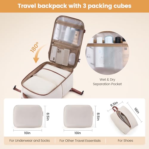 LOVEVOOK 40L Travel Backpack for Women,Carry on Luggage Backpack Flight Approved with 3 Packing Cubes,Waterproof Personal Item Travel Bag fits 17 Inch Laptop,Overnight Weekender Business Daypack - color: Beige White-brown, size: 17.3 Inch
