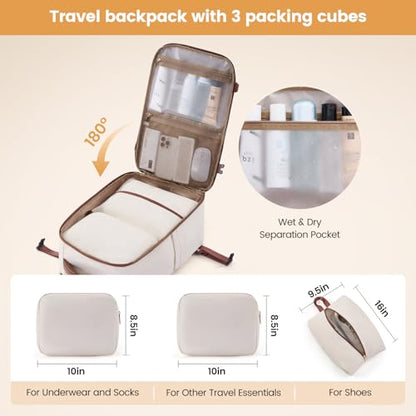 LOVEVOOK 40L Travel Backpack for Women,Carry on Luggage Backpack Flight Approved with 3 Packing Cubes,Waterproof Personal Item Travel Bag fits 17 Inch Laptop,Overnight Weekender Business Daypack - color: Beige White-brown, size: 17.3 Inch