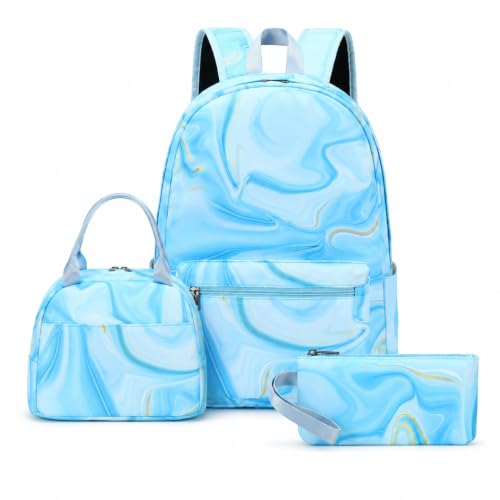 LOIDOU Backpack for Teen Girls Bookbags School Backpack with Lunch Box and Pencil Case 3 in 1 School Bags Set - color: Marble Blue