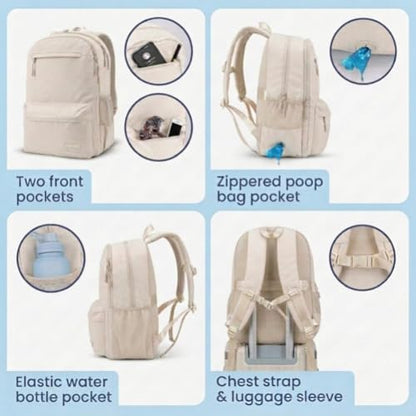 Dog Travel Bag for Supplies - Complete Dog Diaper Bag Backpack with 2 BPA-Free Travel Bowls, Treat Pouch, Food Container, Placemat & Laptop Sleeve – for Traveling, Road Trips, Hiking: Beige - color: Beige