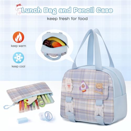 FIXITOK 3PCS School Backpack for Girls, Girls Backpack with Lunch Box, Pencil Case, Cute Kawaii Plaid Book Bag for Teen Girl Kindergarten Elementary Preschool Middle High School, Blue - color: Blue