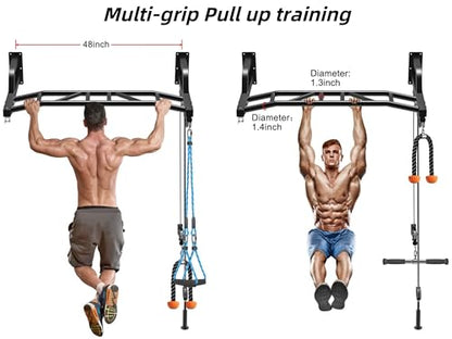 SELEWARE 48'' Heavy Duty Pull Up Bar Wall Mount Multi-function Chin up Bar with Home Gym Cable Pulley System LAT Pulldown Workout Attachments Heavy Bag Hanger - color: A. Black Pull Up Bar with Cable Pulley System