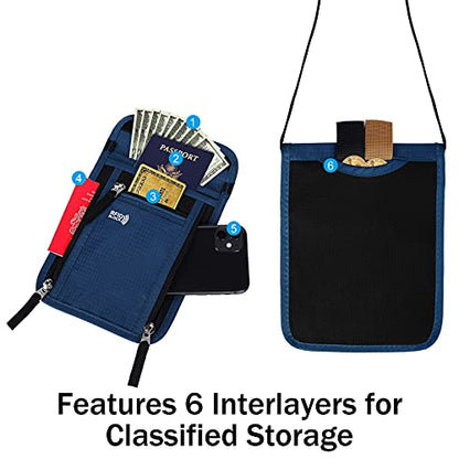 Travel Pouch Neck Wallet Family Passport Holder Organizer Case with RFID Blocking | Family Passport Holder - color: Navy Blue