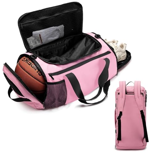 ROYALFAIR Basketball duffel bag Large Sports Bag with Separate Ball Holder & Shoes Compartment,Best for Basketball, football,Volleyball,Gym - color: pink
