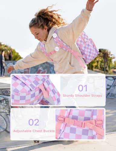VASCHY School Backpacks, Lightweight Bookbag Schoolbag for Girls Casual Basic Simple Daypack for Women Blush Checkerboard - color: Blush Checkerboard
