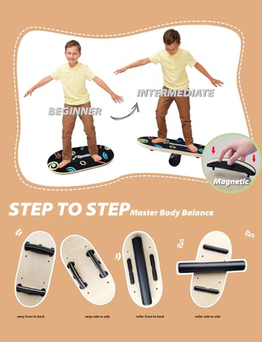 Sportneer Balance Board Kids Wooden Wobble Board for Kids, Safe and Sturdy Balance Trainer, Kids Balance Board for 3-5 6-12 (With Semi-circular Wobble Blocks)