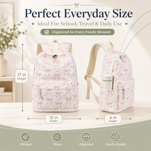 Bluboon School Backpack for Teen Girls Women Laptop Backpack College Bookbags Middle School Travel Work Commuter Back Pack - color: Beige Base Pink Bow & Heart