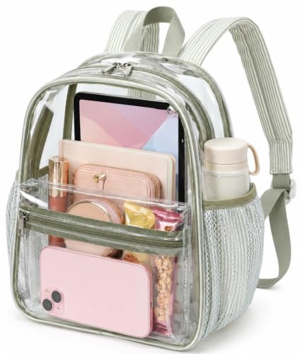BTOOP Clear Mini Backpack for Stadium Events 12x12x6 Small Transparent Backpack See Through Clear Bag for Concerts Work (Green-White Strips, 12'' H-Mini) - color: Green-white Strips, size: 12'' H-Mini