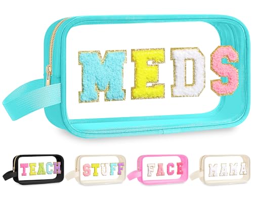 Kacctyen Letter Clear Meds Bag Makeup Pouch Waterproof Chenille Nylon Medicine First Aid Bag for Travel Preppy Cosmetic Toiletry Storage Bags with Handle Pill Snack Pouch for Women Men - color: Blue, style: Meds