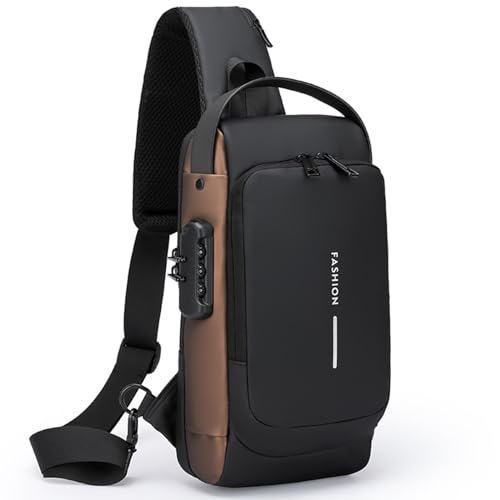Sling Bag for Men Anti-theft USB Crossbody Shoulder Backpack Purse Waterproof PU Leather Chest Bag Travel Daily Use - color: Brown