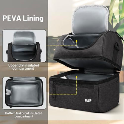 MIER Adult Lunch Box Insulated Lunch Bag Large Cooler Tote Bag for Men, Women, Double Deck Cooler (Dark Grey, Large) - color: Dark Gray, size: Large