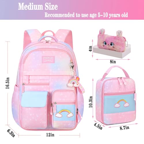 Jcobvig 3Pcs Kids Backpack For Girls,Cute Rainbow Student School Backpack With Lunch Bag Pen Bag Set (Pink Medium 16.5in - color: Pink, size: Medium