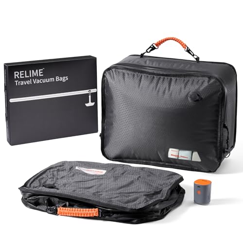Relime Apex Series Vacuum Bags for Travel Luggage, 180° Open, Reusable Compression Bags for travel Pack, Vacuum Seal Packing Cube for Cloth (2Medium+Pump) - color: 2 Gray+Pump, size: Medium for Carry On