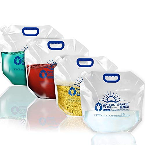WaterStorageCube Premium Collapsible Water Container Bag, BPA Free Food Grade Clear Plastic Storage Jug for Camping Hiking Backpack Emergency, No-Leak Freezable Foldable Water Bottle 1.3/2.6 Gallon - size: 2.6 Gallon, style: 4-Pack