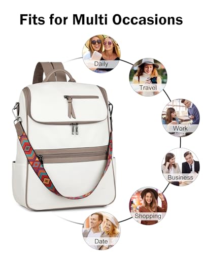 FADEON Laptop Backpack for Women Leather Travel Backpack with Laptop Compartment, Designer PU Shoulder Laptop Bag White - color: White Retro Style
