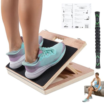 14″ Wide Premium Portable Wooden Slant Board, Thicker Bottom – Professional Adjustable Calf Stretching, Beginner & Rehab Friendly, Exercise Guide and Bonus Muscle Roller, Squats, Physical Therapy - color: Natural, size: 14x14 Inch