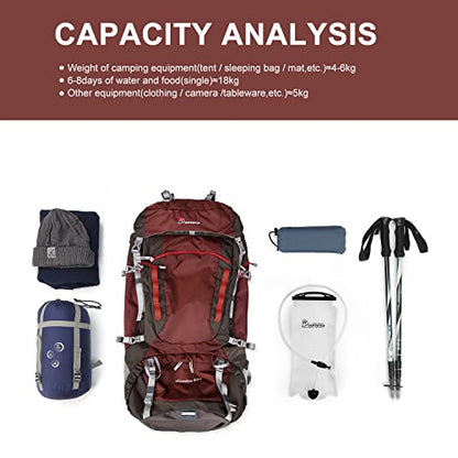 MOUNTAINTOP 80L Internal Frame Backpack for Man & Women Backpacking Hiking Backpack with Rain Cover - color: Maroon-80l
