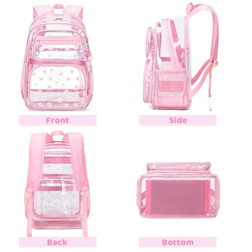 ACESAK Clear Backpack for Girls - 3 Pcs Clear Backpack Heavy Duty with Lunch Bag - See Through Bookbag Stadium Approved for Kids Middle High College School Sport Travel (Pink Daisy) - color: Pink Daisy