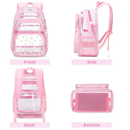 ACESAK Clear Backpack for Girls - 3 Pcs Clear Backpack Heavy Duty with Lunch Bag - See Through Bookbag Stadium Approved for Kids Middle High College School Sport Travel (Pink Daisy) - color: Pink Daisy