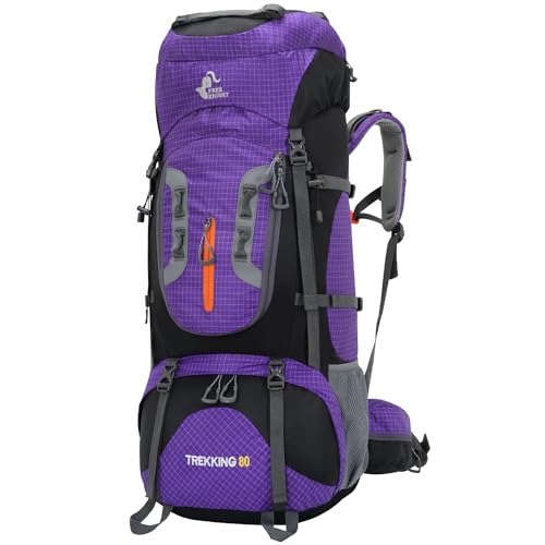 Bseash 80L Waterproof Hiking Camping Backpack with Rain Cover, Lightweight Outdoor Sport Travel Daypack for Climbing Touring (Purple) - color: Purple