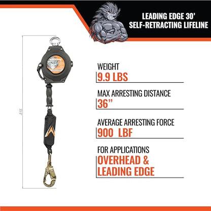 Malta Dynamics Edgehog Self Retracting Lifeline – 30’ Leading Edge Fall Protection Yoyo Cable, Class 2 Retractable Lanyard with Quick-Action Brake, OSHA and ANSI Compliant Safety Lanyard - size: 30 Foot