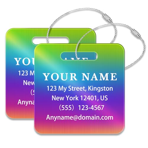 Personalized Metal Luggage Tags (2 Pack), Customizable Icon Text, Laser Engraved Waterproof Durable, for Bags, Backpack Travel, Suitcases (Multi) - color: Square Rainbow