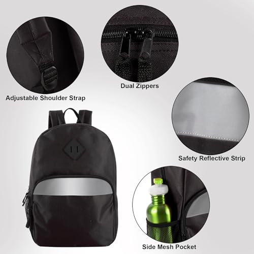 Trail maker (24 Pack) 17" Backpack – Reflective School Backpack with Padded Straps, Water Bottle Pockets for Kids & Adults, School Travel Camp (Black) - color: Black