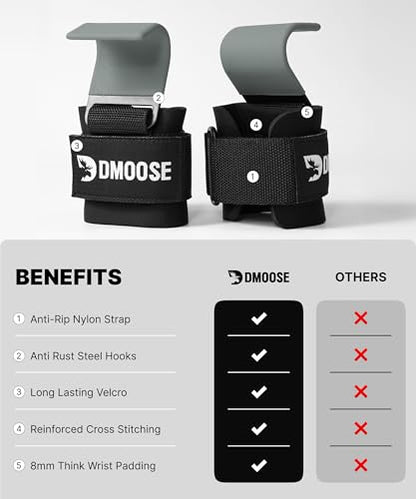 DMoose Fitness Weight Lifting Hooks (Pair) for Deadlifts, Pull Ups, Rows & Shrugs - Anti-Rip Nylon Strap Hand Grips with Thick Wrist Padding - Heavy Duty Wrist Straps for Weightlifting & Gym Workouts - color: Grey