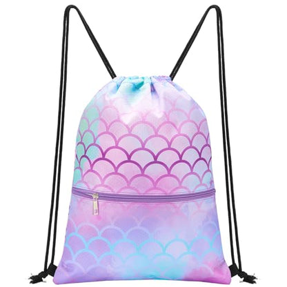 WAWASAM Kids Drawstring Backpack, Gym Swim Bag Cinch Bag for Girls Boys with Zipper Pocket - color: Mermaid B