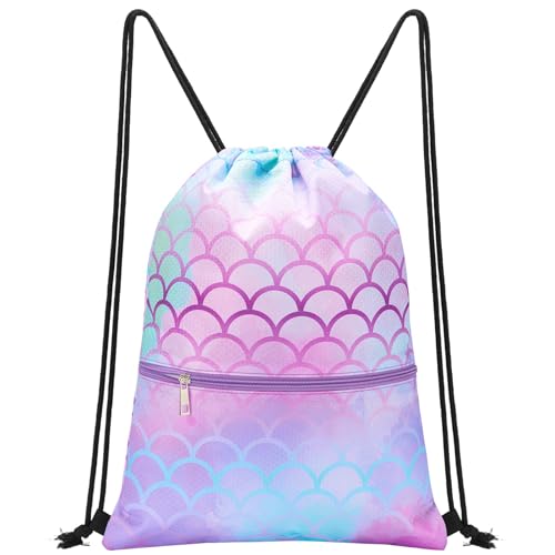 WAWASAM Kids Drawstring Backpack, Gym Swim Bag Cinch Bag for Girls Boys with Zipper Pocket - color: Mermaid B