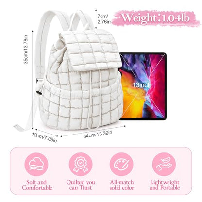 Quilted Puffer Backpack for Women Lightweight Soft Puffy Backpack Purse Casual Daily Drawstring Flap Daypack (White) - color: White