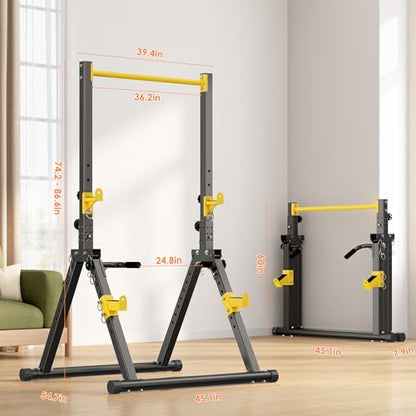 DlandHome Foldable Power Tower Pull Up Bar Dip Station, Adjustable Height Multifunction Workout Pull Up Tower Station for Home Gym, Strength Training Equipment, Triangular Legs, Up to 330lbs - color: Yellow