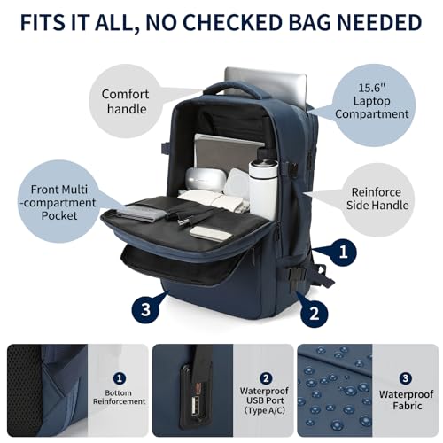 Travel Backpack for Men, 18 Inch Carry on Laptop Backpack with USB A/C Port, 40L Expandable TSA Flight Approved Bag Pack, Black, Blue - color: Blue