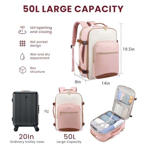 LOVEVOOK 50L Travel Backpack for Women & Men, Airline Approved Carry On Luggage with 3 Packing Cubes, TSA Overnight Bags, Waterproof Personal Item Bag, Weekender Essentials Backpacks fits 17" Laptop - color: Light Purple-beige-purple, size: X-Large