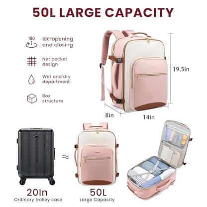 LOVEVOOK 50L Travel Backpack for Women & Men, Airline Approved Carry On Luggage with 3 Packing Cubes, TSA Overnight Bags, Waterproof Personal Item Bag, Weekender Essentials Backpacks fits 17" Laptop - color: Light Purple-beige-purple, size: X-Large