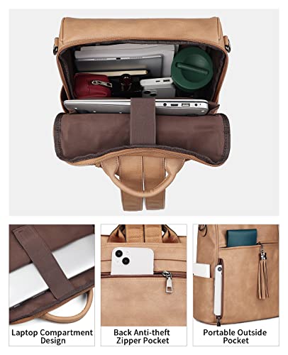 FADEON Leather Laptop Backpack for Women Designer 15.6 inch PU Laptop Bag, Ladies Travel Computer Work Backpack Camel Brown - color: Retro Camel Brown Style