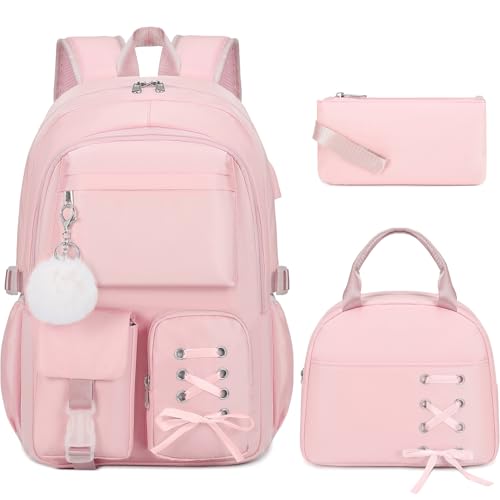 Scothen Backpacks for Girls, Girls Backpack with Lunch Box & Pencil Pouch for Teens Girl Kids Elementary Middle High School College Student Bookbag Daypack Laptop Travel Backpack for Women - color: Pink
