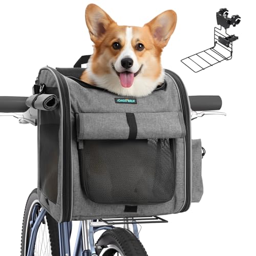 Dog Front Bike Basket 4-in-1 Pet Carrier Backpack & Car Seat, 22lbs Load, Stable L-Shaped Mount for E-Bikes (Display <3.15"), Reflective Waterproof Folding Bicycle Bag for Small Medium Dogs