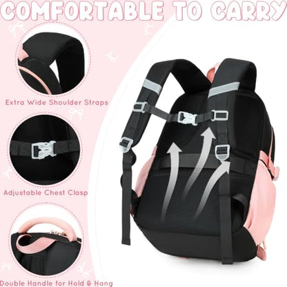 Kids Backpack for Girls, 3PCS School Backpack Set with Insulated Lunch Box & Pencil Case, Waterproof Lightweight Bookbag for Elementary & Middle School, Cute Bow Travel Daypack Black-Pink - color: Black-pink