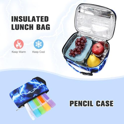 Bevalsa Backpack for Boys, Lightning School Bags with Lunch Bag & Pen Case for Kids, Bookbag for Boys Teens Elementary Middle High School - color: Blue Dinosaur