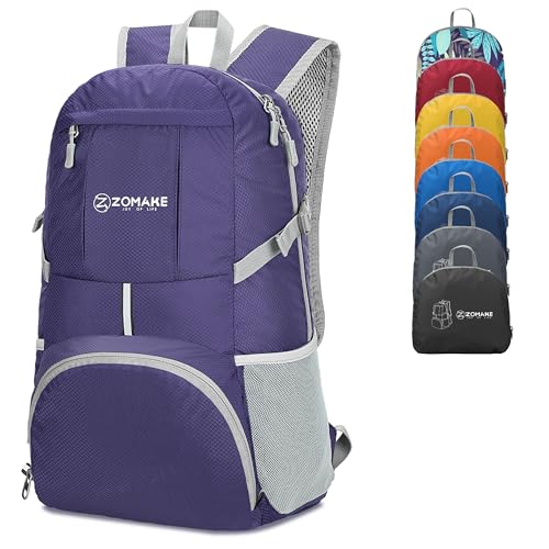 ZOMAKE Lightweight Packable Backpack 35L, Light Foldable Backpacks Water Resistant Collapsible Hiking Bag, Compact Folding Day Pack for Travel Camping(Purple) - color: Purple