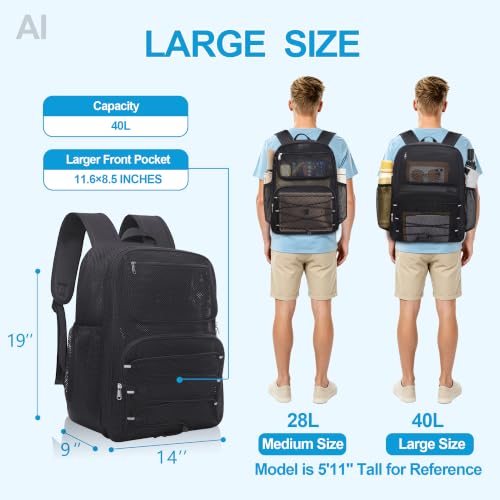 Paxiland Mesh Backpack Heavy Duty See Through Mesh Bookbag Large Backpack 19×14×9‘’ for School Travel Swimming Outdoor Sports Beach, Black Plus-40L - color: Black Plus-40l