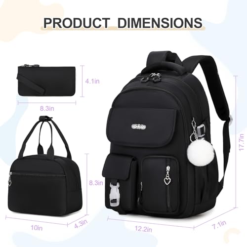 DIGOBAY Backpacks for Girls, 3PCS School Backpack with Lunch Box Pencil Pouch for Teen Girls Kids Elementary Primary Middle High College Travel School bag Bookbag Set （Black） - color: Black