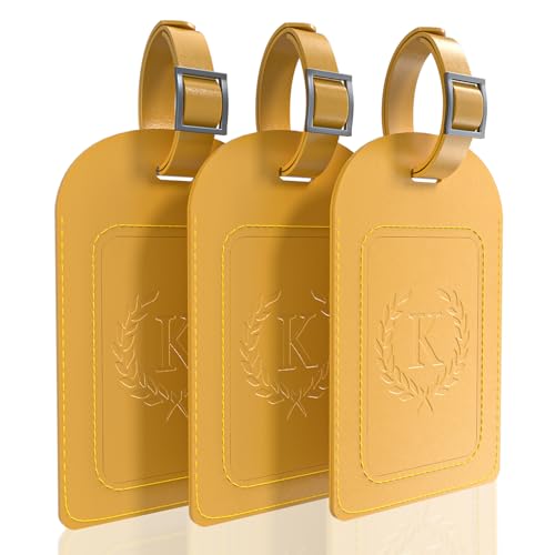 Alphabet Luggage Tags, 3 Pack Yellow Initial Bag Tags with Privacy Cover & Replaceable ID Card, Faux Leather Suitcase Tags for Travel, Flights & Cruises - style: Letter K