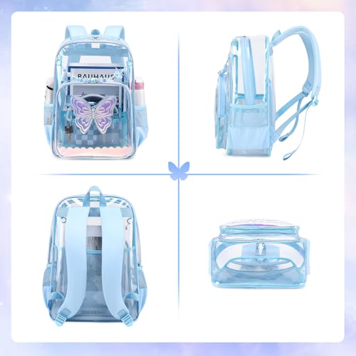 MUSEVOS Clear Backpack for School, Clear Bookbag for Girls PVC Heavy Duty Transparent Backpack, Blue Butterfly - color: Blue